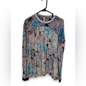 Free People Moroccan Blue Paisley Print Flowy Boho Peasant Blouse Cotton XS